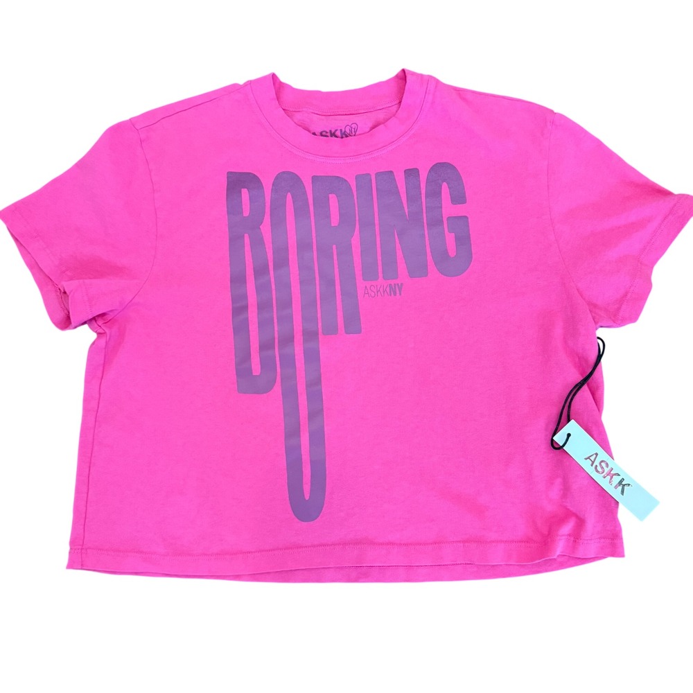 ASKK NY Boring Graphic T-Shirt Hot Pink Cotton Cropped Top XS Made in USA NEW